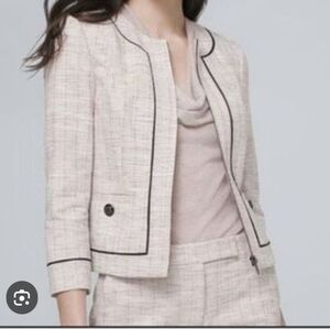 Cream Textured Blazer And Pencil Skirt with Black Trim